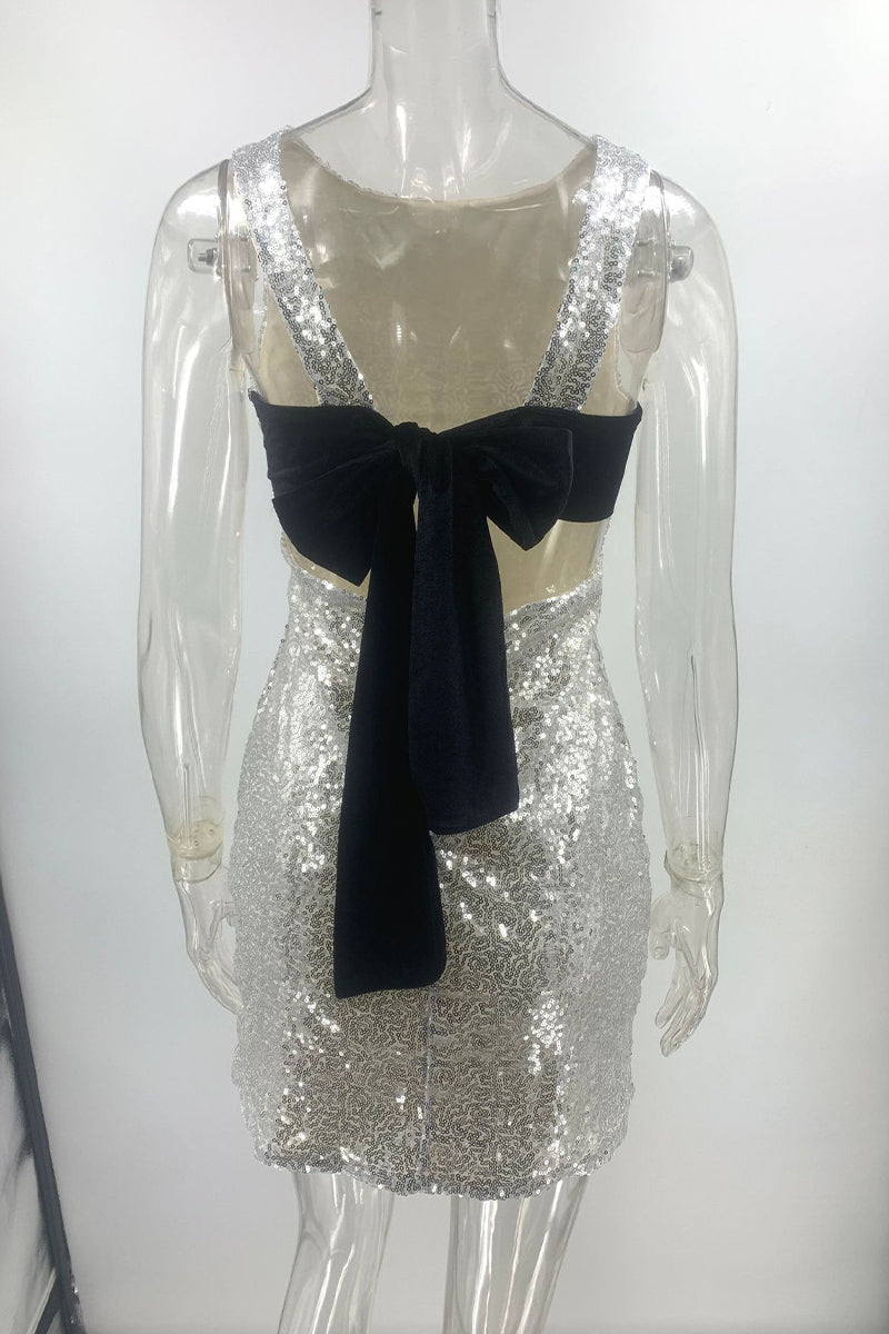Sequins Lace Up Backless O Neck Wrapped Skirt Dresses