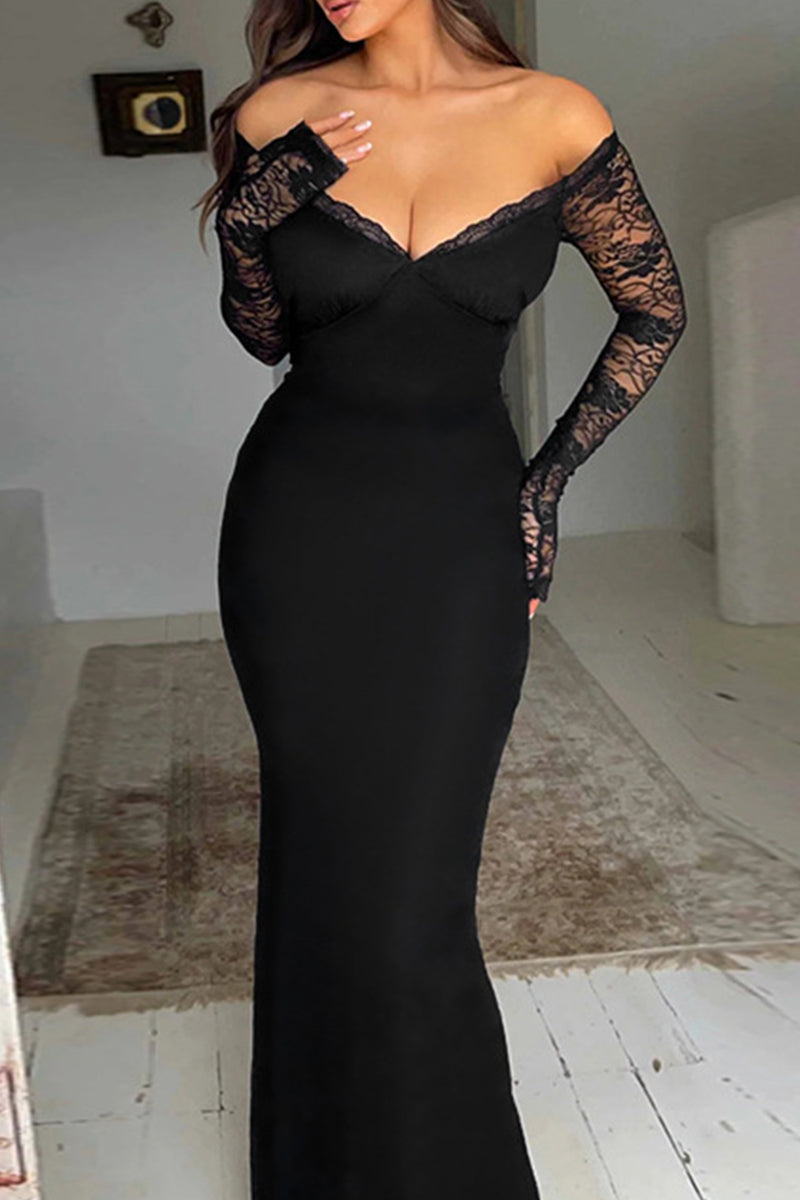 Lace Patchwork Backless Off Shoulder Long Dresses