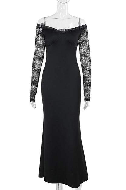Lace Patchwork Backless Off Shoulder Long Dresses