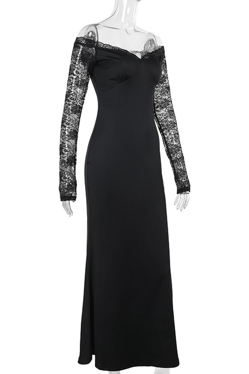 Lace Patchwork Backless Off Shoulder Long Dresses
