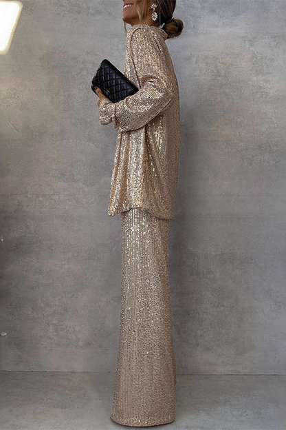 Street Sequins Sequined Cardigan Collar Long Sleeve Two Pieces(3 Colors)