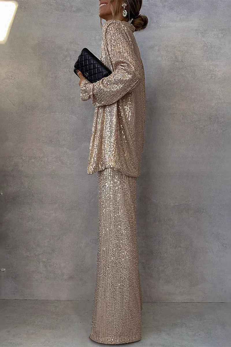 Street Sequins Sequined Cardigan Collar Long Sleeve Two Pieces(3 Colors)