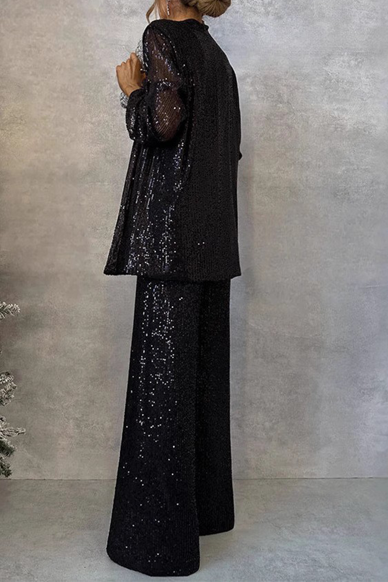 Street Sequins Sequined Cardigan Collar Long Sleeve Two Pieces(3 Colors)