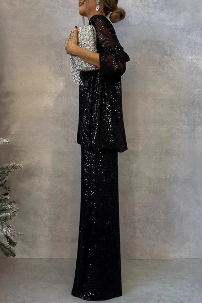 Street Sequins Sequined Cardigan Collar Long Sleeve Two Pieces(3 Colors)