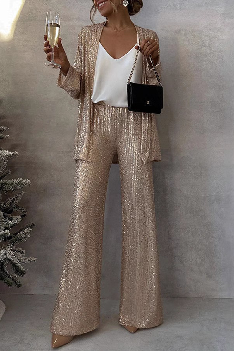 Street Sequins Sequined Cardigan Collar Long Sleeve Two Pieces(3 Colors)