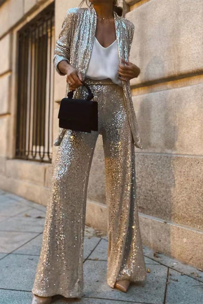Street Sequins Sequined Cardigan Collar Long Sleeve Two Pieces(3 Colors)
