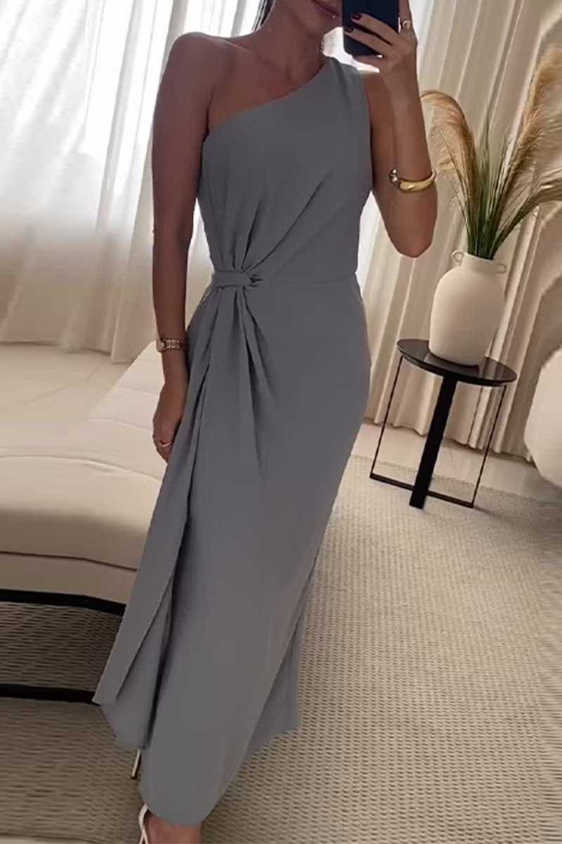 Ruched Irregular Sloping Shoulder Long Dresses