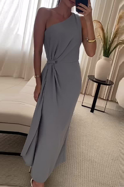 Ruched Irregular Sloping Shoulder Long Dresses