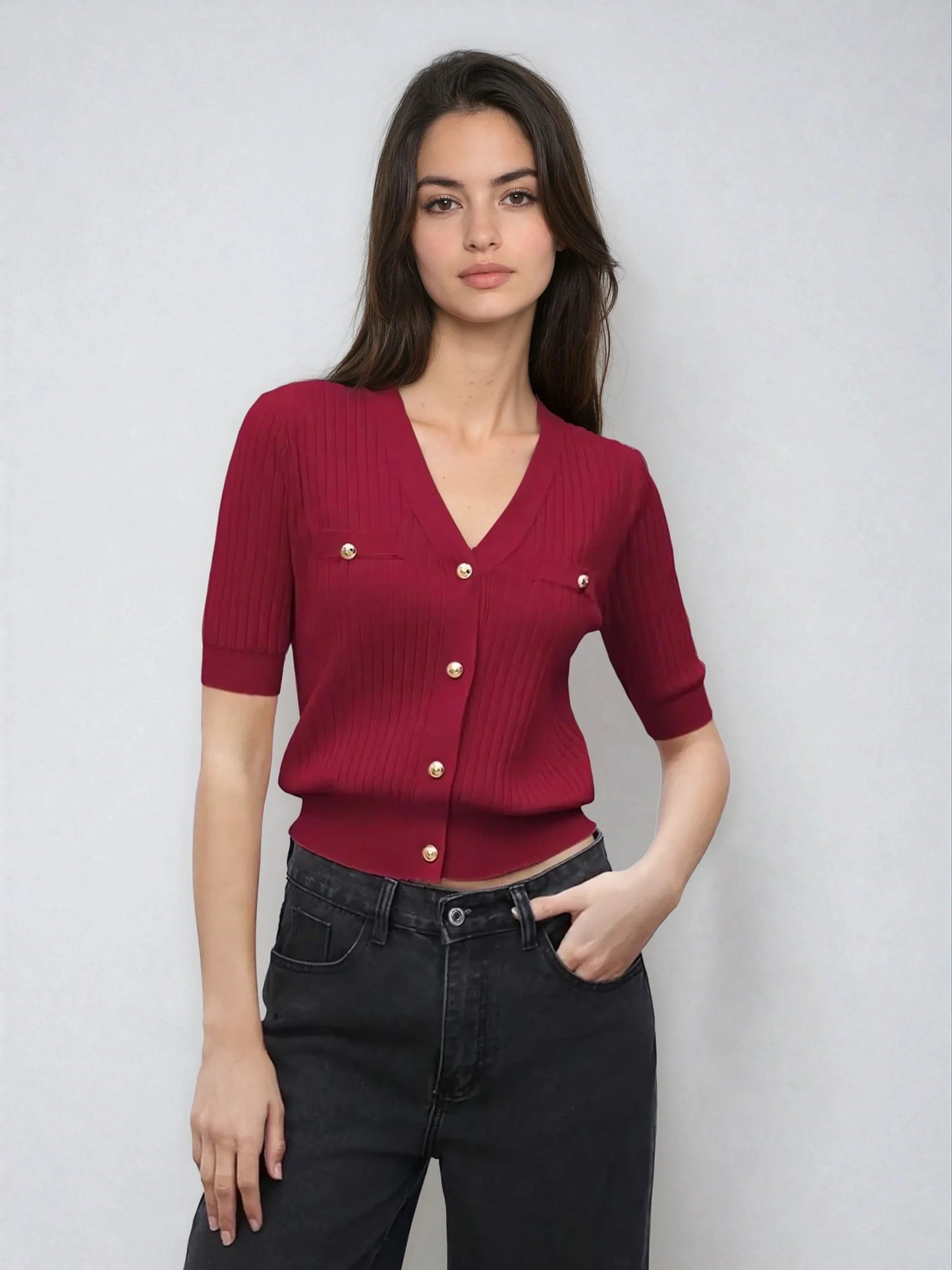 V Neck Knit Sweater With Button Front Short Sleeve