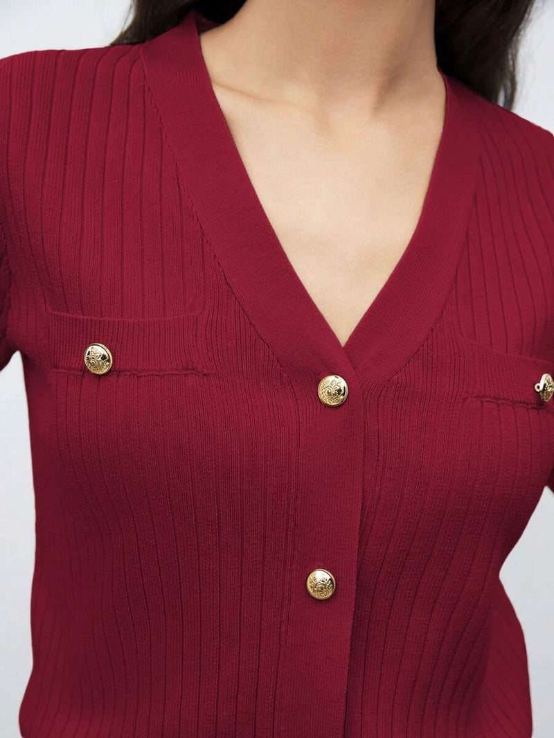 V Neck Knit Sweater With Button Front Short Sleeve