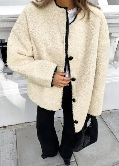 Beige Lambswool Patchwork Round Neck Coat