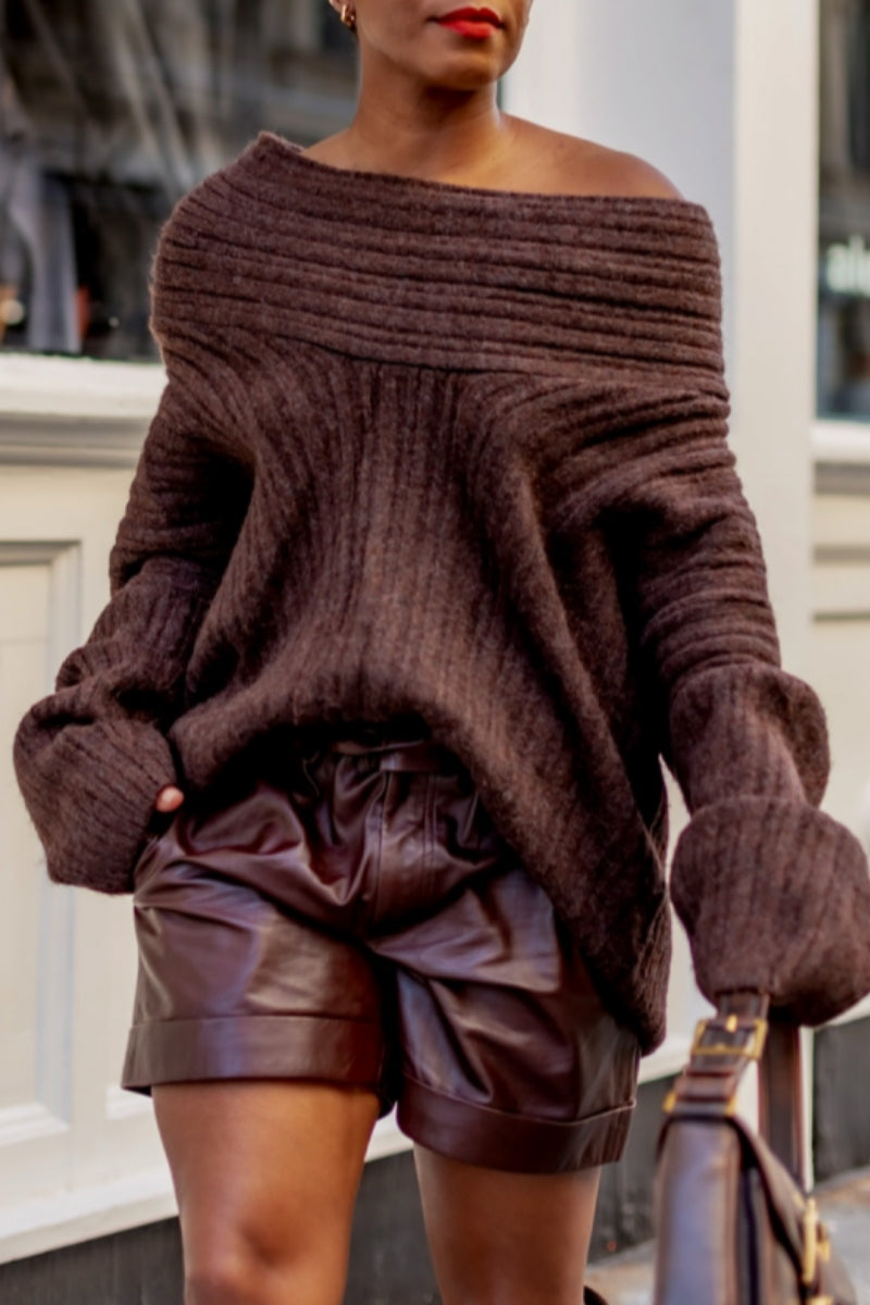 Color Basic Oblique Collar Sweaters
