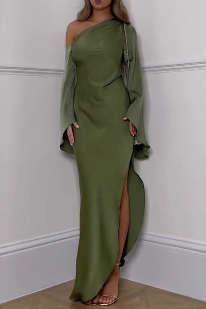 Slit Irregular Sloping Shoulder Long Dresses