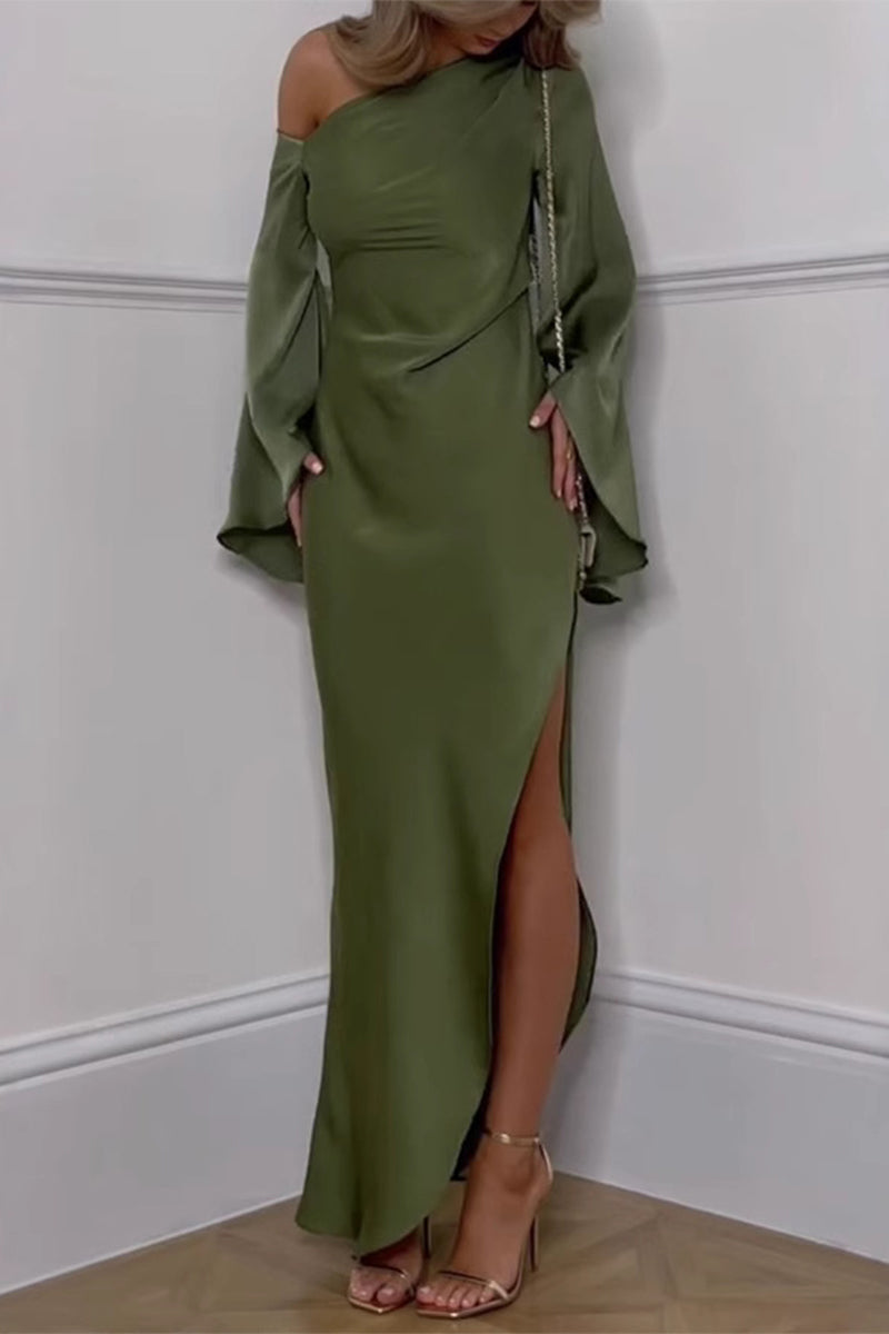 Slit Irregular Sloping Shoulder Long Dresses