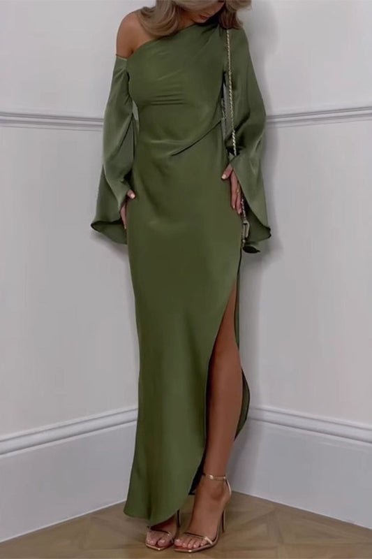 Slit Irregular Sloping Shoulder Long Dresses