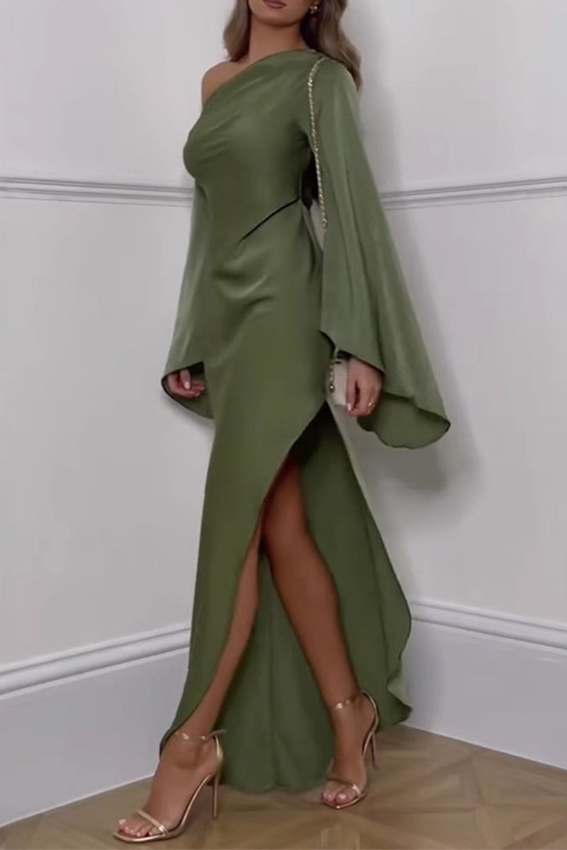 Slit Irregular Sloping Shoulder Long Dresses