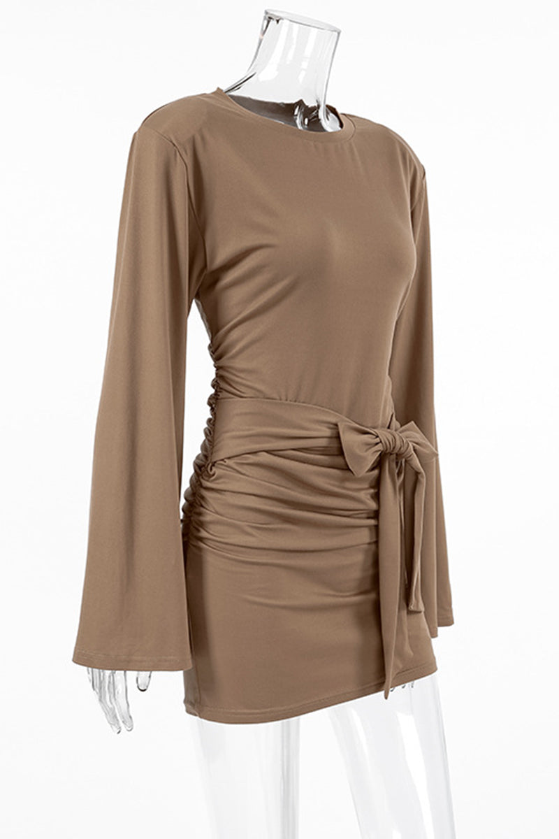 Street Lace Up Ruched O Neck Wrapped Skirt Dresses