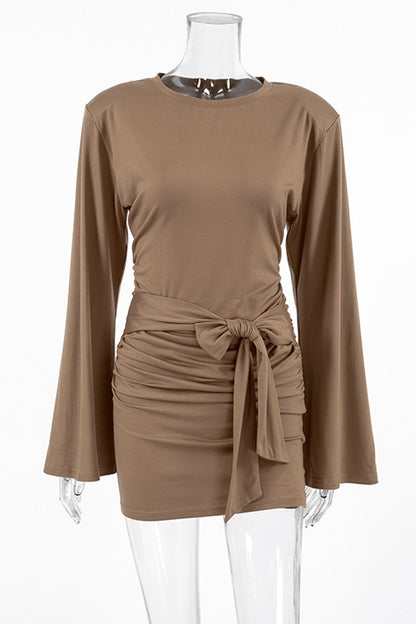 Street Lace Up Ruched O Neck Wrapped Skirt Dresses