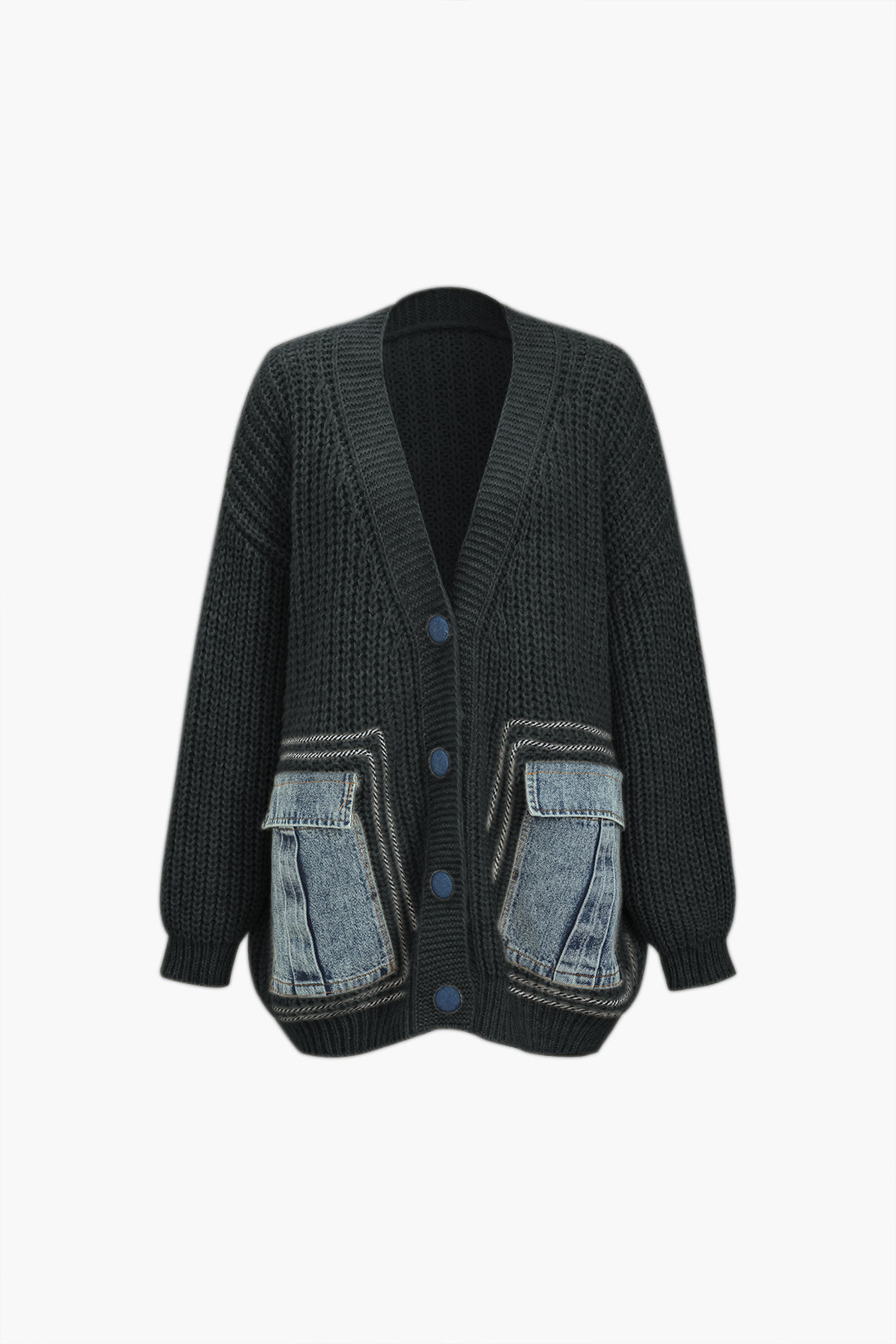 90's Color Denim Patchwork Button Pocket Sweater Cardigan