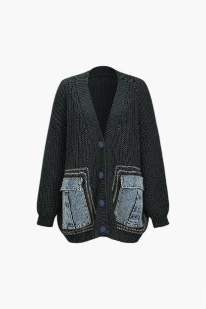 90's Color Denim Patchwork Button Pocket Sweater Cardigan