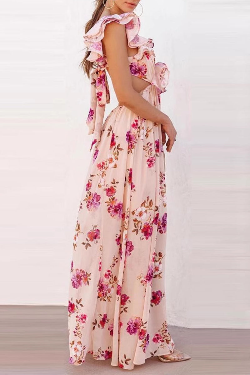 Vacation Print Lace Up Chains Ruffle V Neck Long Dresses