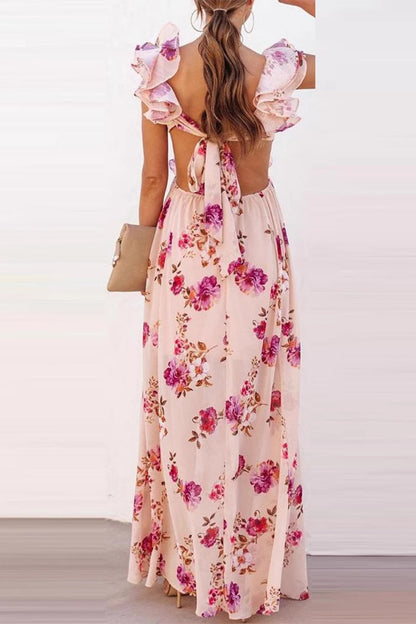 Vacation Print Lace Up Chains Ruffle V Neck Long Dresses