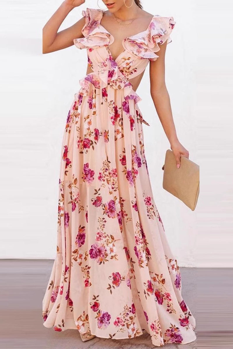 Vacation Print Lace Up Chains Ruffle V Neck Long Dresses