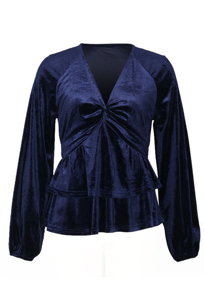 Ruched Velvet V Neck Blouses