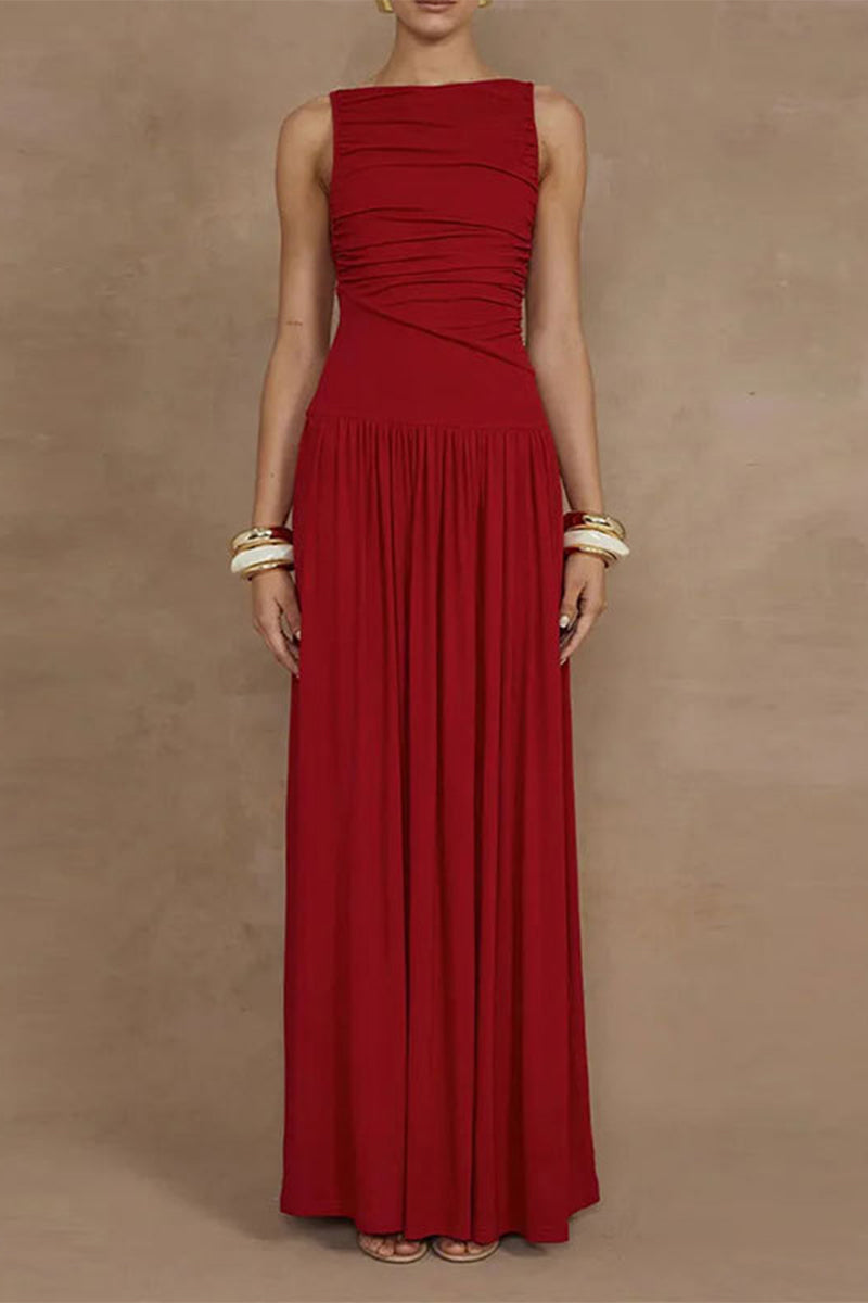 Ruched O Neck Long Dresses
