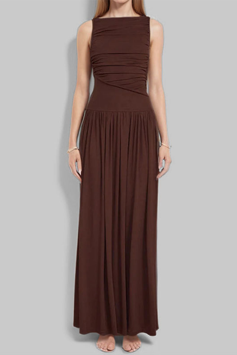 Ruched O Neck Long Dresses