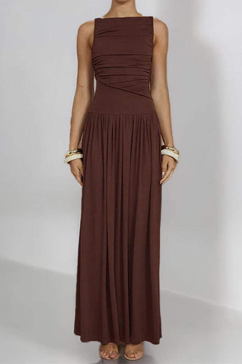 Ruched O Neck Long Dresses
