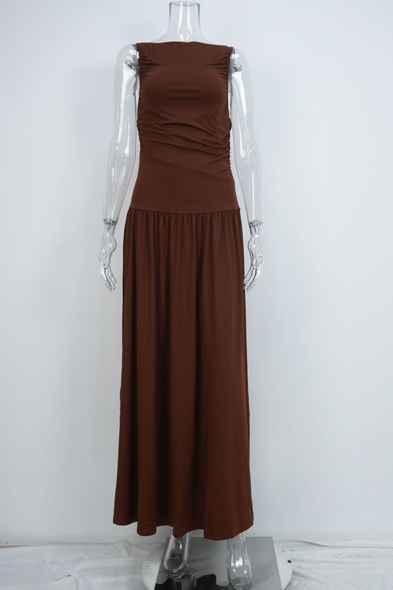 Ruched O Neck Long Dresses