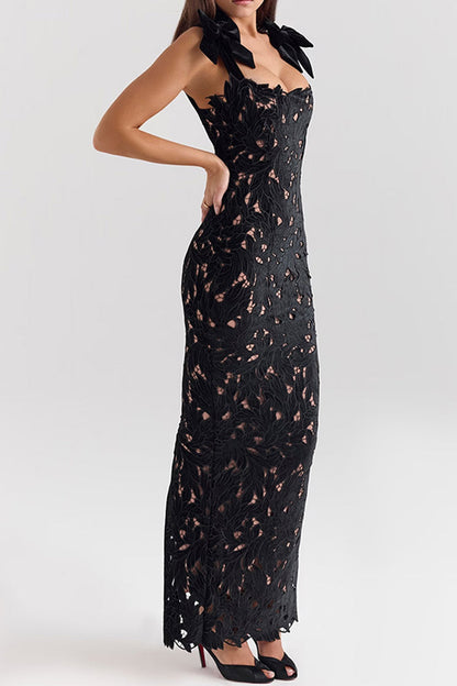 Color Hollow Out Bow Decor Square Neck One Step Skirt Dresses