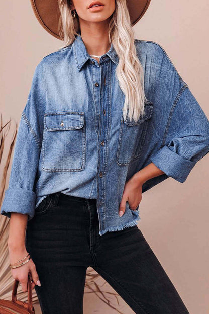 Daily Gradient Color Pocket Contrast Turndown Collar Blouses