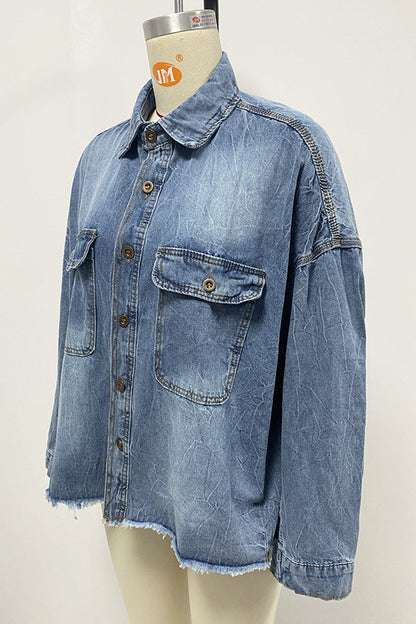 Daily Gradient Color Pocket Contrast Turndown Collar Blouses