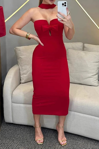 Bow Decor Halter One Step Skirt Dresses