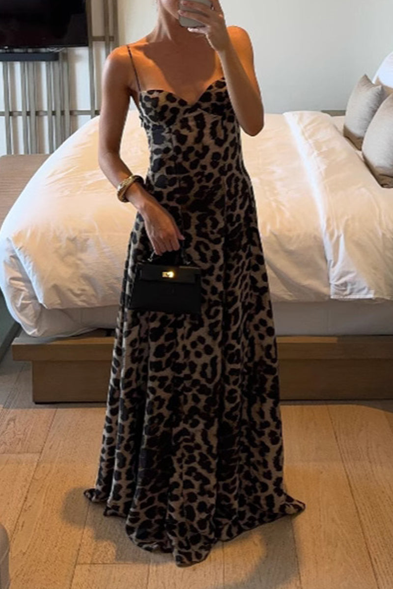 Leopard V Neck Long Dresses