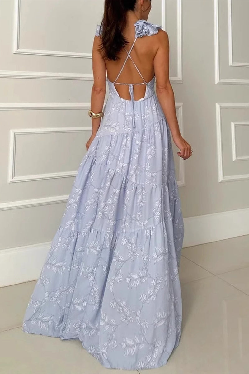 Flowers Backless Strap Design V Neck Long Dresses