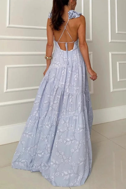 Flowers Backless Strap Design V Neck Long Dresses