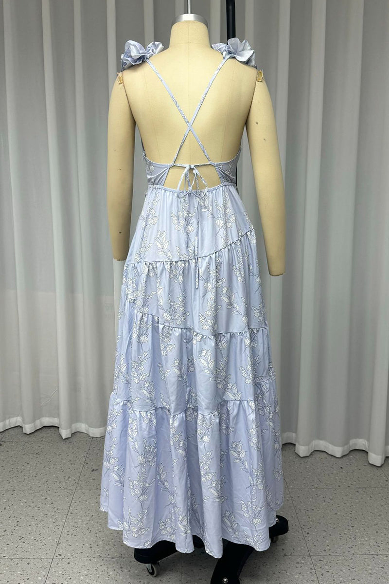 Flowers Backless Strap Design V Neck Long Dresses