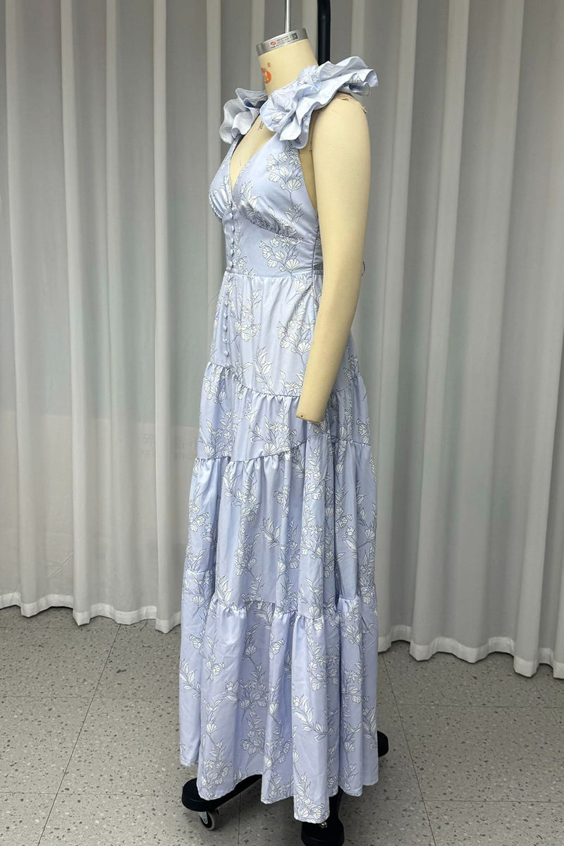 Flowers Backless Strap Design V Neck Long Dresses