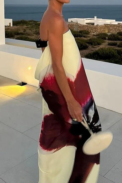 Vacation Print Backless Adjustable Strapless Long Dresses