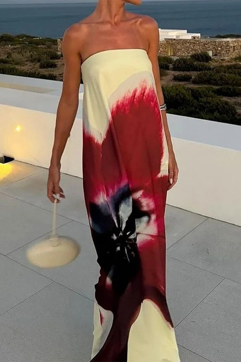 Vacation Print Backless Adjustable Strapless Long Dresses