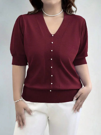 V Neck Puff Sleeve Knit Pullover Sweater