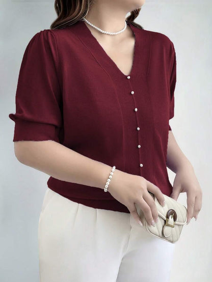 V Neck Puff Sleeve Knit Pullover Sweater