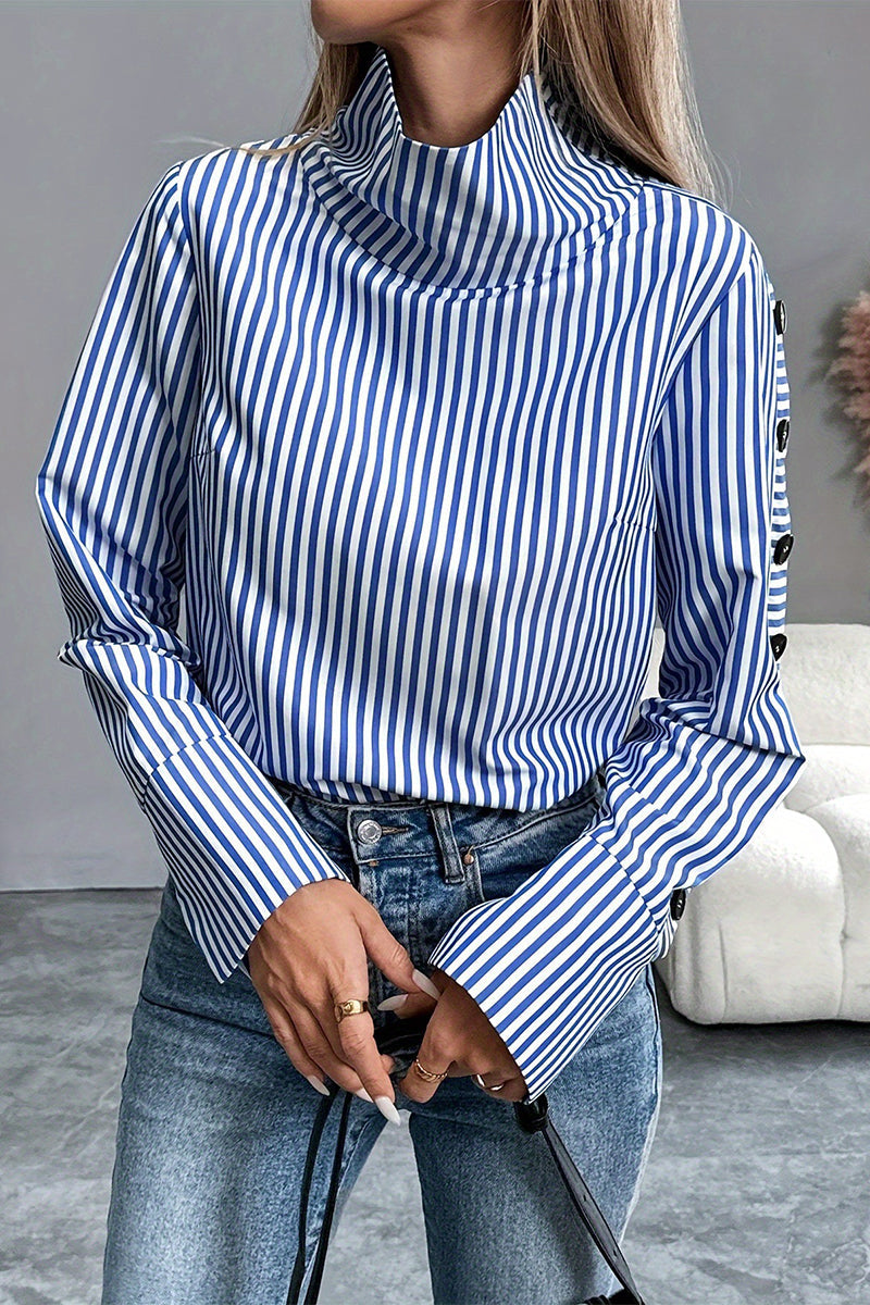 Stripe Buttons Turtleneck Blouses