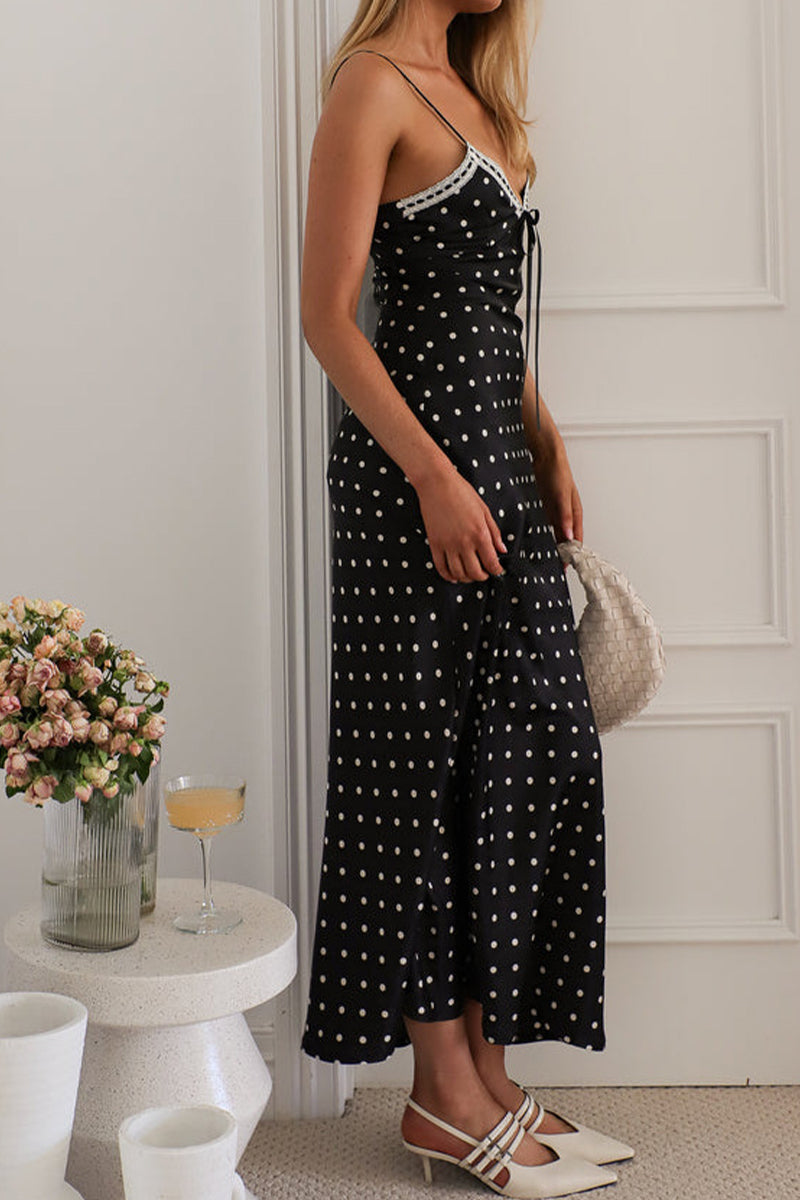 Polka Dot Patchwork Contrast V Neck Long Dresses