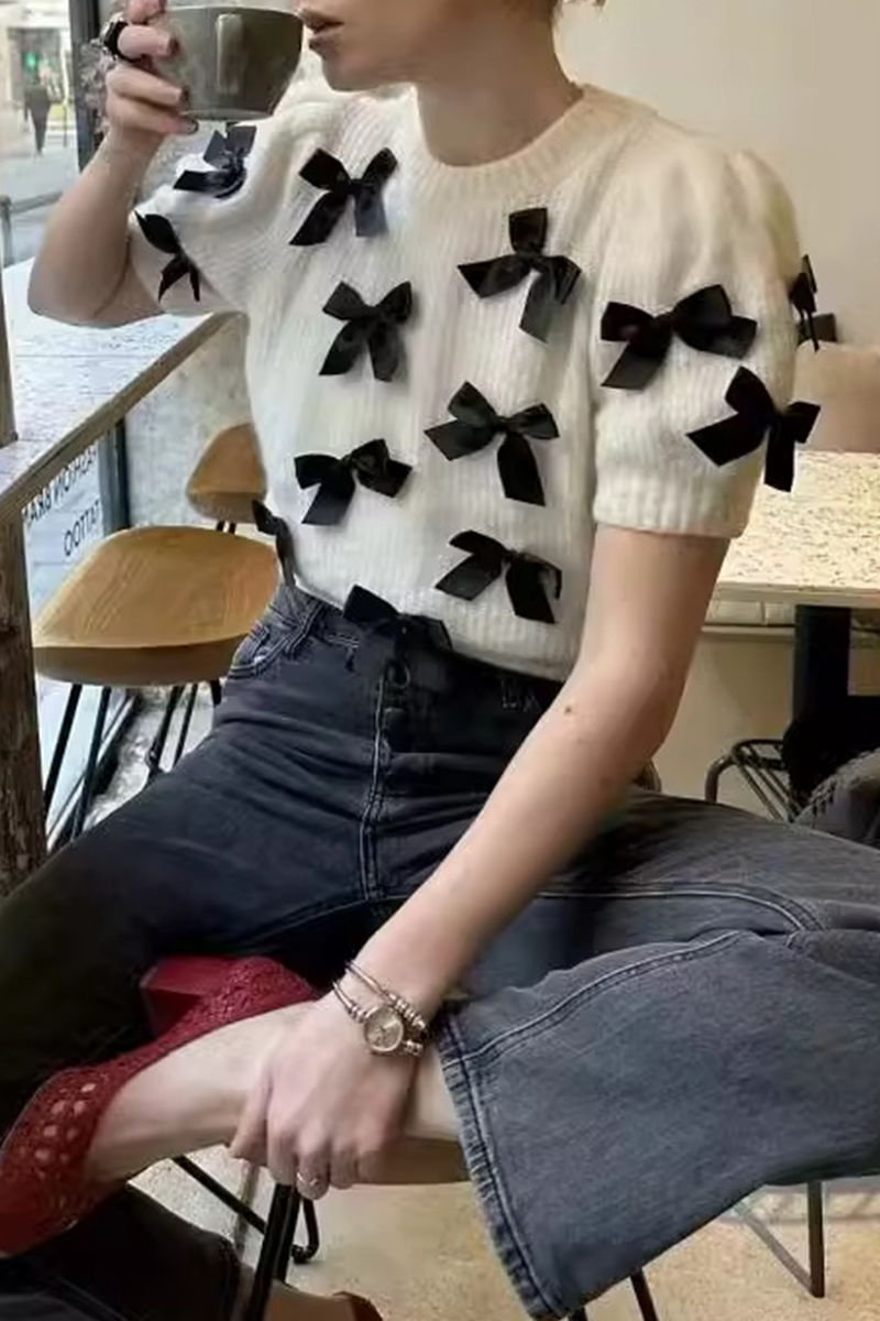 Bow Patchwork Contrast O Neck Sweaters