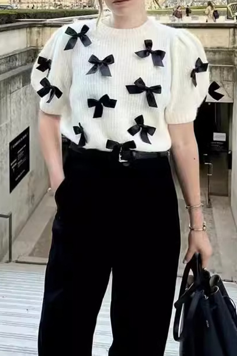 Bow Patchwork Contrast O Neck Sweaters