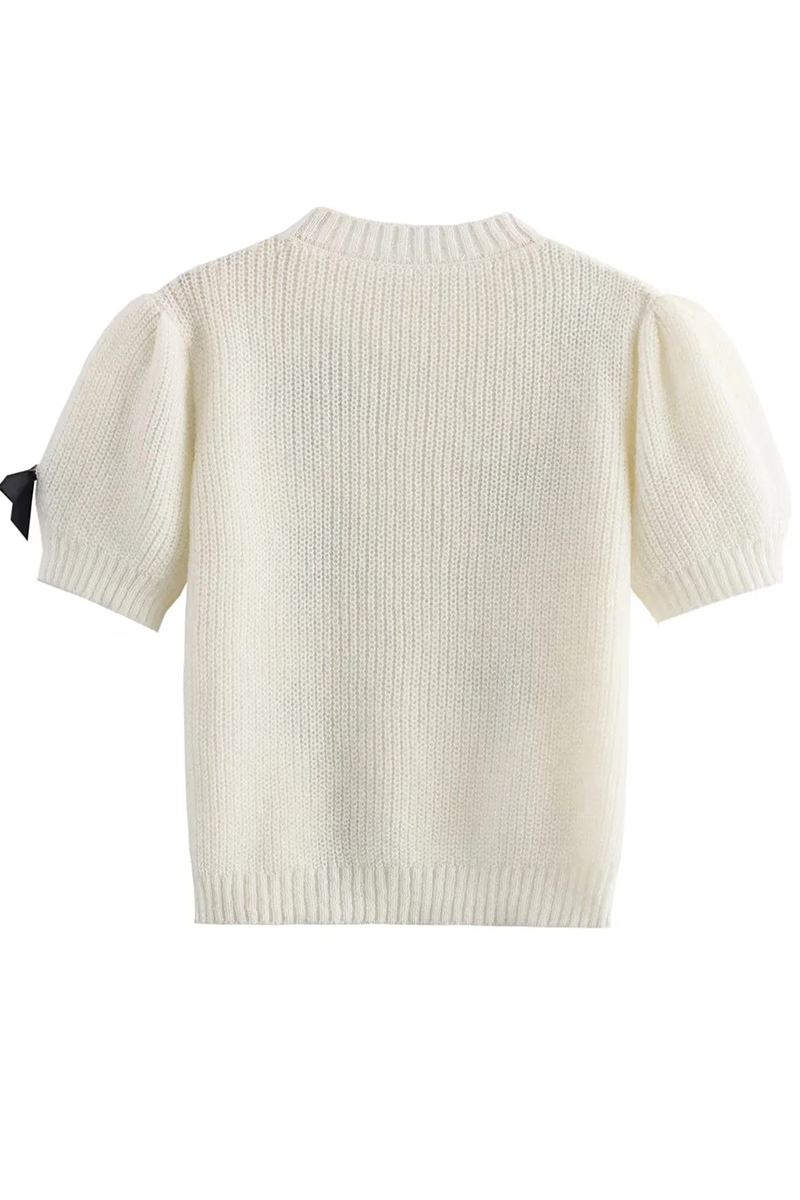 Bow Patchwork Contrast O Neck Sweaters